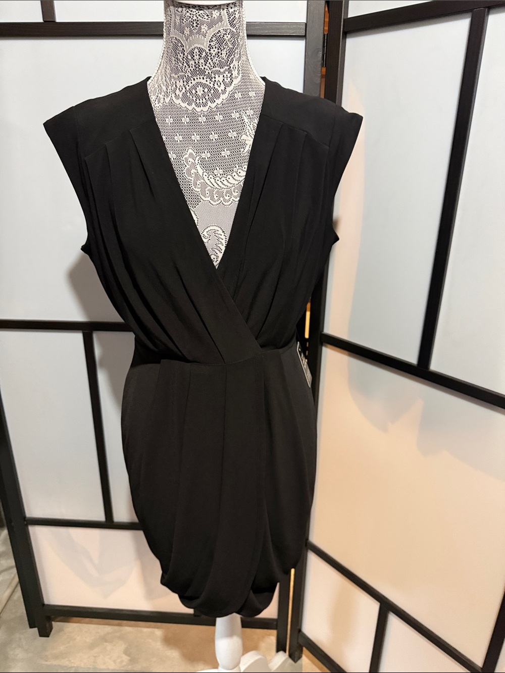 Express Black Faux-Wrap Mini Dress with Cap Sleeves
